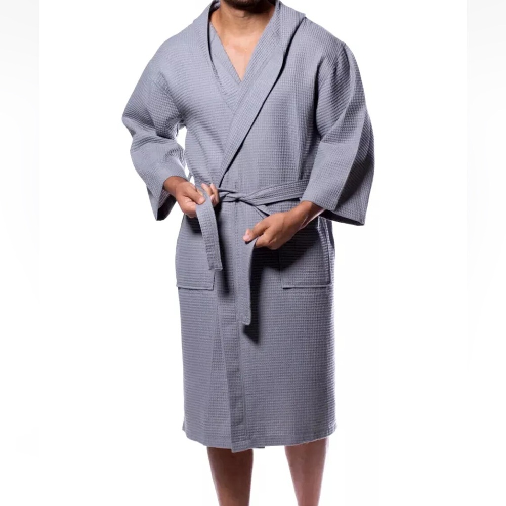 GAP Mens Hooded Waffle-Knit Robe Heather Grey M New Retail $89.95 - Picture 3 of 8